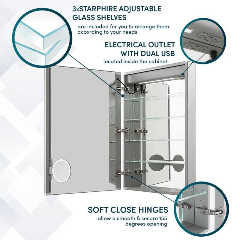 AQUADOM Signature Royale 24W LED Medicine Cabinet Defogger, 3X LED Vertically Adjustable Magnifying Mirror, Electrical Outlets