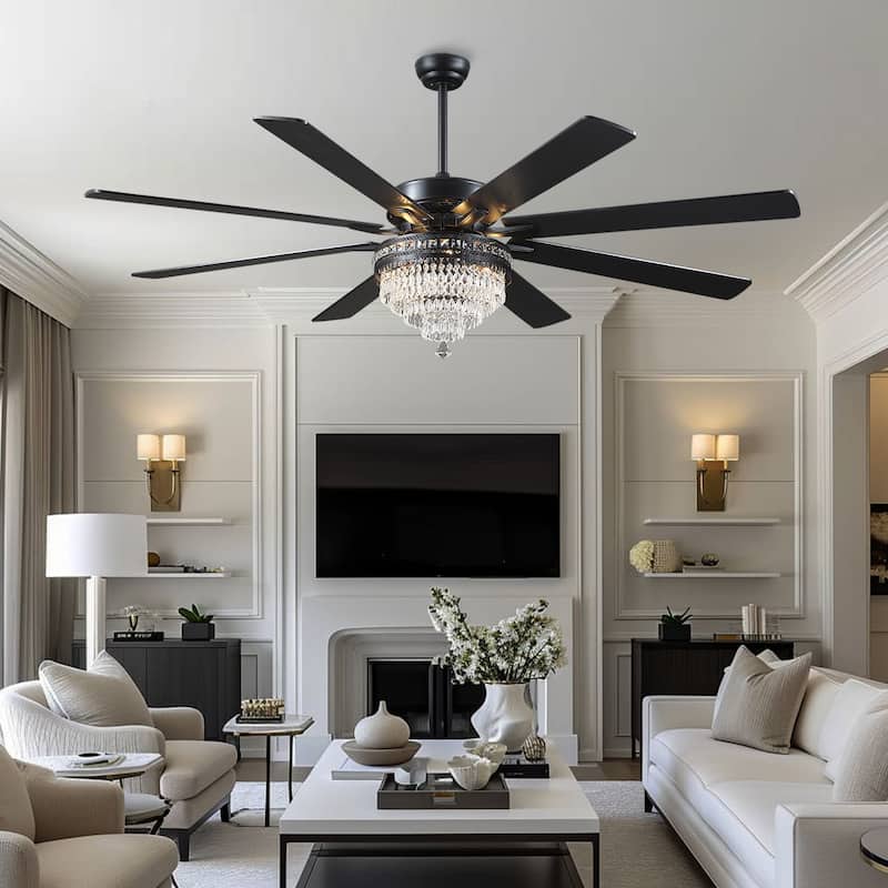 52" or 62" Crystal Ceiling Fan Chandelier with Lights,Remote Control, Timer,Reversible Motor
