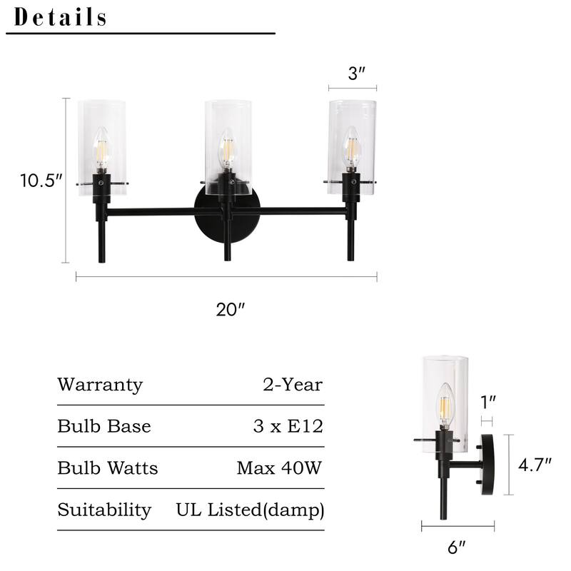 Alva Black Gold Modern Vanity Lights 3-Light Cylinder Clear Glass Shades Bathroom Light Fixture Wall Sconce