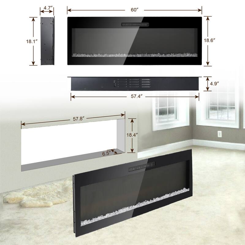 60-Inch Electric Fireplace with Recessed & Wall Mount Options, 16 Color Flame, Touch Screen, Timer & 5000 BTU Heater