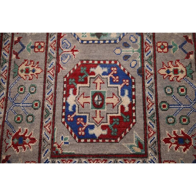 Geometric Kazak Runner Rug Handmade Hallway Wool Carpet - 2'7" x 12'10"