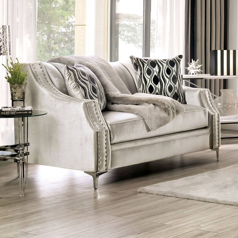 Chenille And Wooden Loveseat in Silver