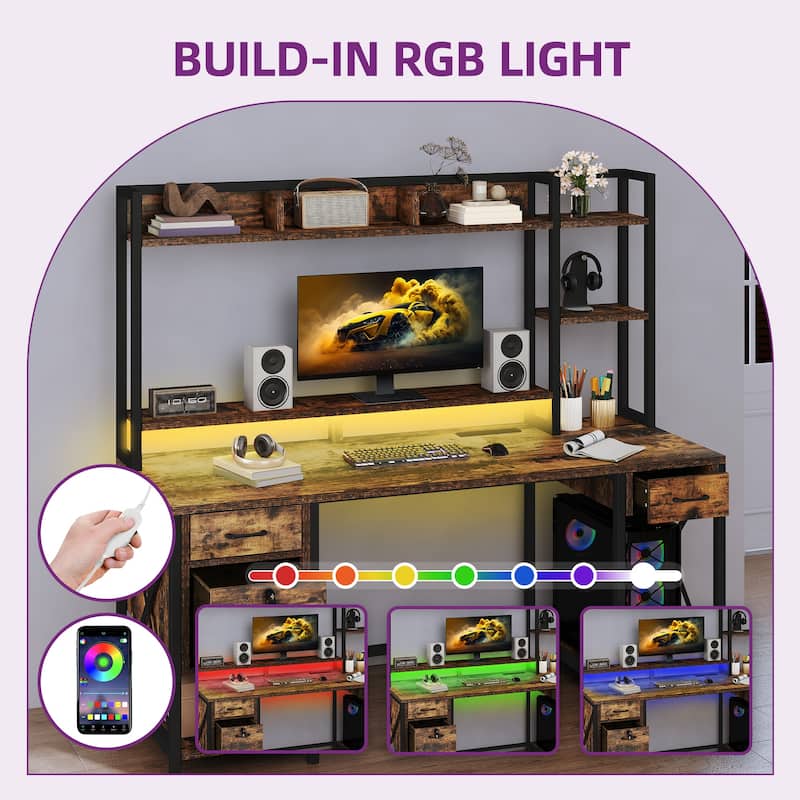 Moasis 59" Computer Desk with Hutch and Shelves, LED Gaming Desk with Monitor Stand