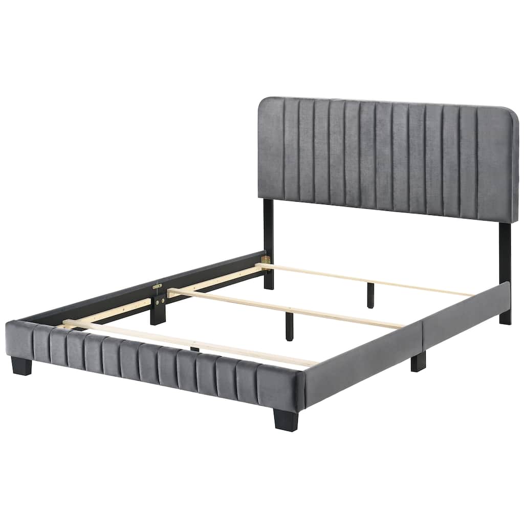 Queen Size Velvet Platform Bed with Sturdy Wood Frame and Channel Tufted Upholstery