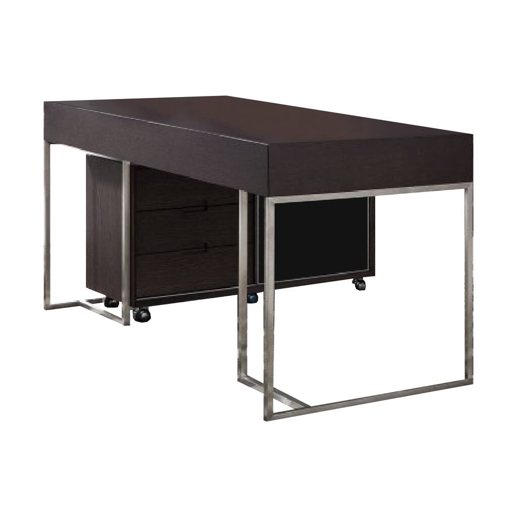 63 Inch Modern Office Desk with Side Cabinet, Chrome Frame, Brown