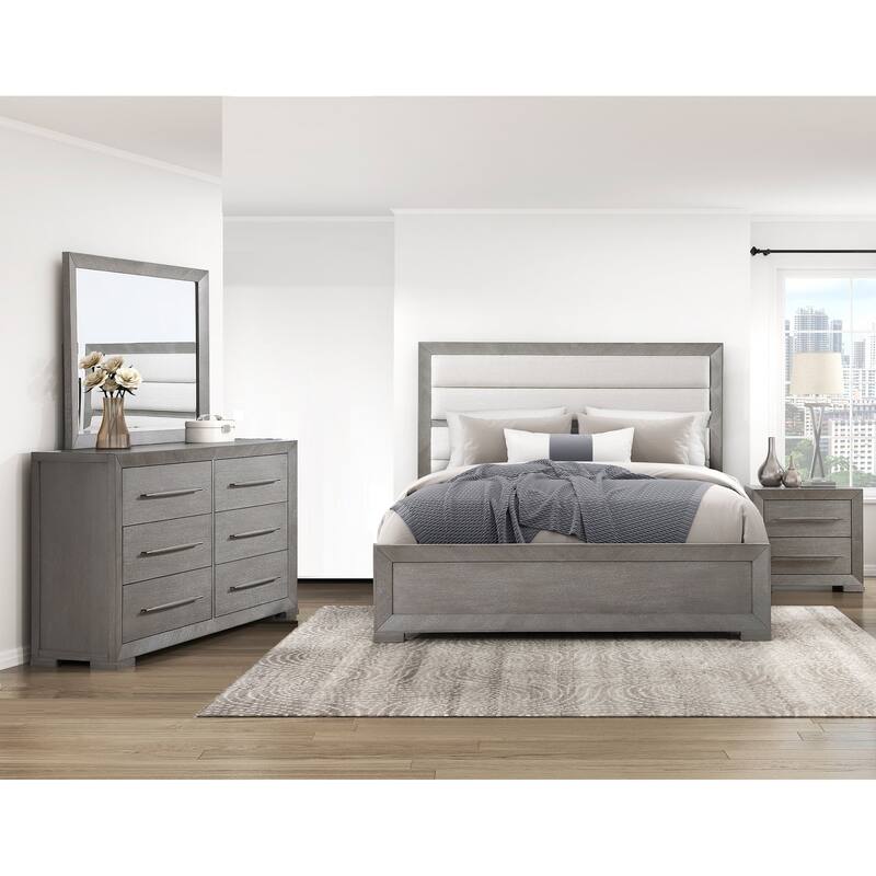 Gray Finish 4pc Bedroom Furniture Set Contemporary Bed Dresser Mirror Nightstand