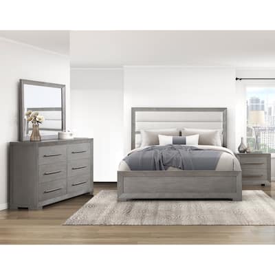 Gray Finish 4pc Bedroom Furniture Set Contemporary Bed Dresser Mirror Nightstand