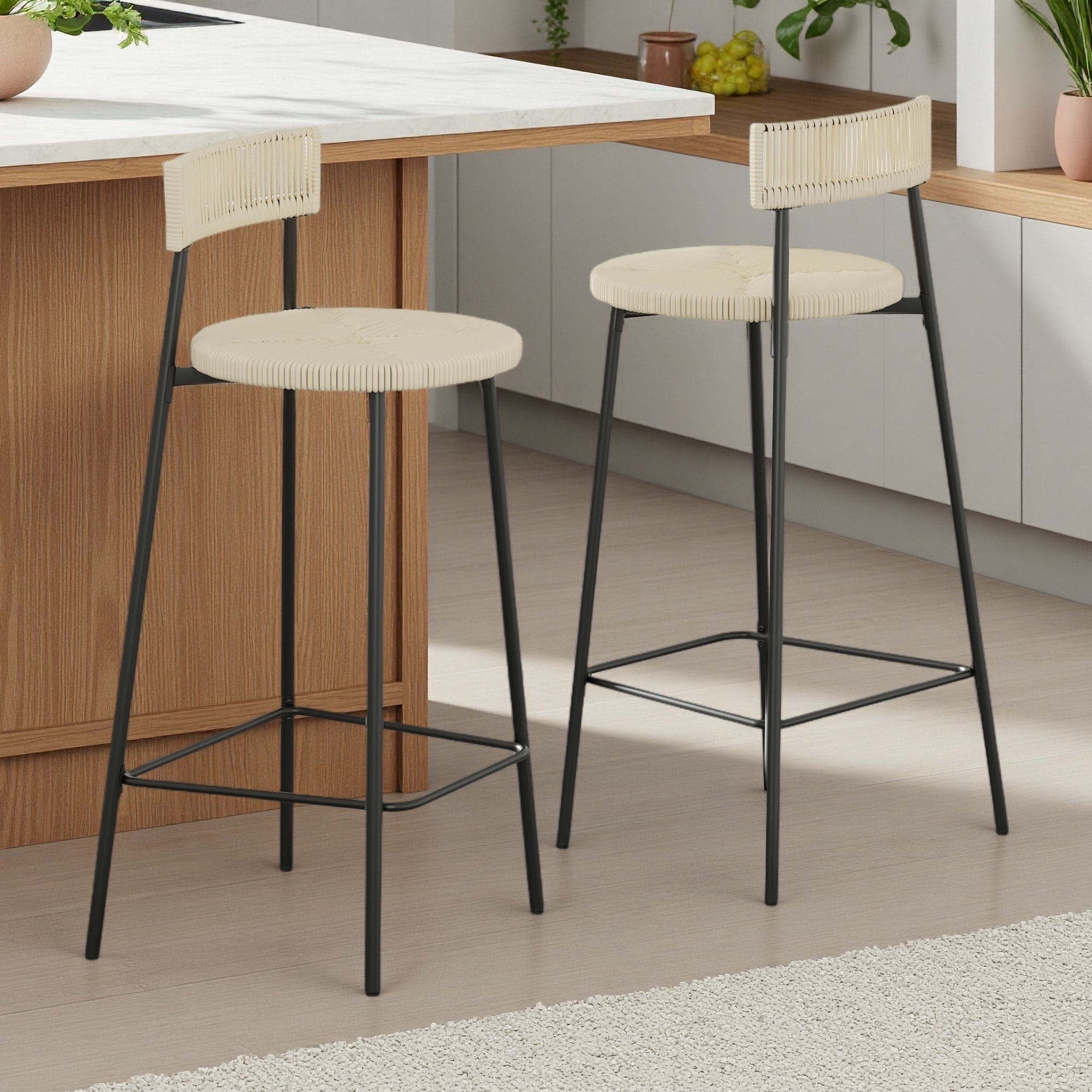 34.8"H Set of 2 Handwoven Paper Rope Bar Stools with Backrest Round Seat Counter Height Chairs with Footrest and Metal Frame