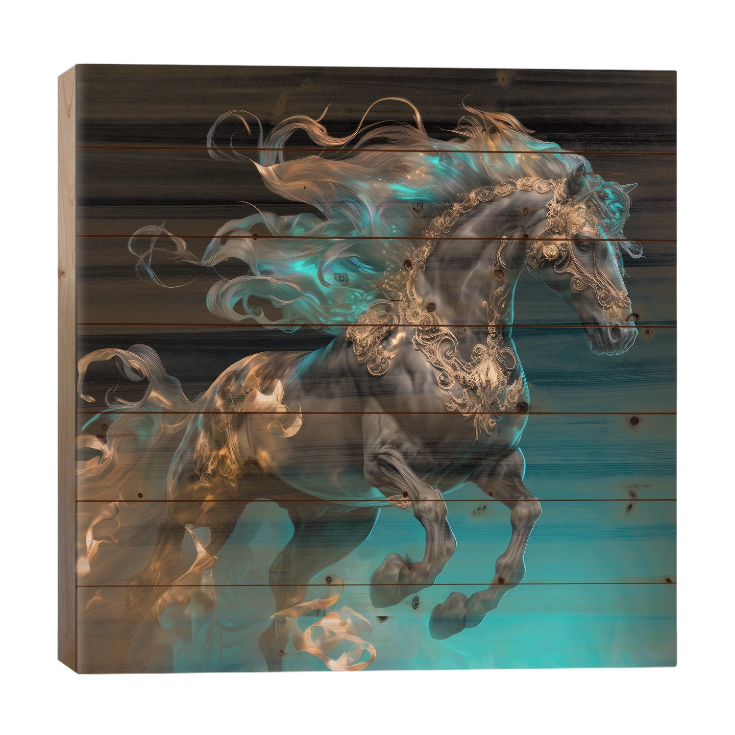 Gold Fire Stallion Print On Wood by Spacescapes - Multi-Color