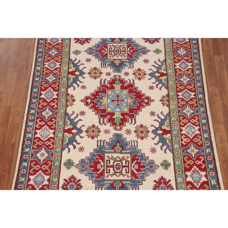 Kazak Oriental Area Rug Handmade Geometric Beige Wool Carpet - 5'0" x 7'3"
