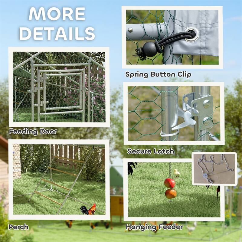 Outdoor Chicken Coop with Mesh Sides, Feeder Door and Weather Cover - 9.8'W x 19.7'D x 6.4'H