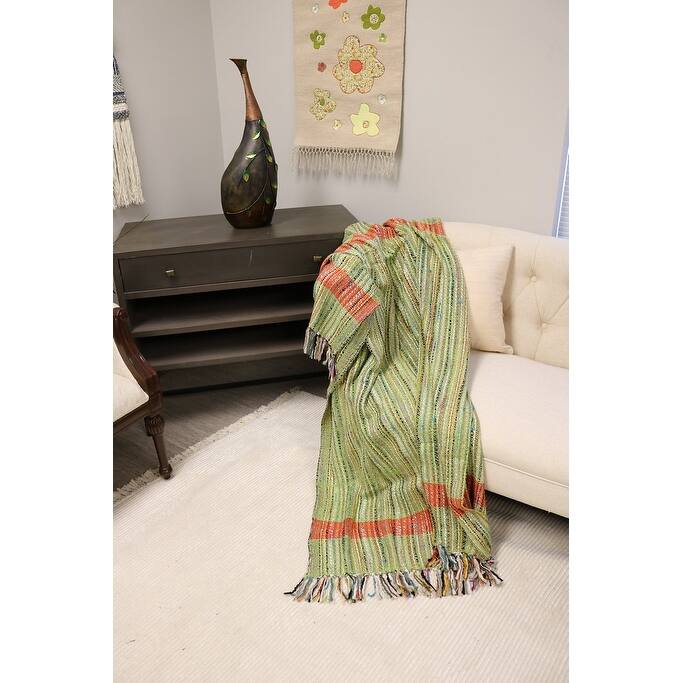 Home&Manor Handcrafted Wool & Cotton Throw Blanket Verdant Ember