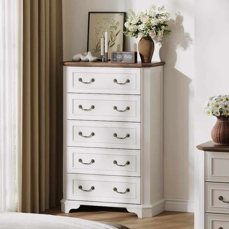 Vintage 5 Drawers Dresser, Bedroom Storage Cabinet, Dressers Organizer - Antique White