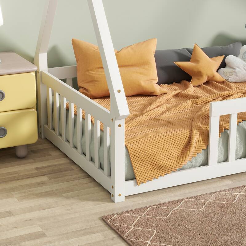 Twin Tent Shaped Floor Bed with Fence, Wooden Kids Teepee Bed Frame