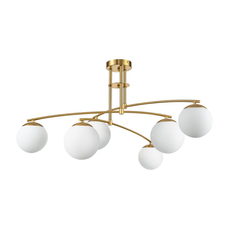 Modern Brass Sputnik Linear Opal Frosted Glass Globe Semi-Flush Mount Light