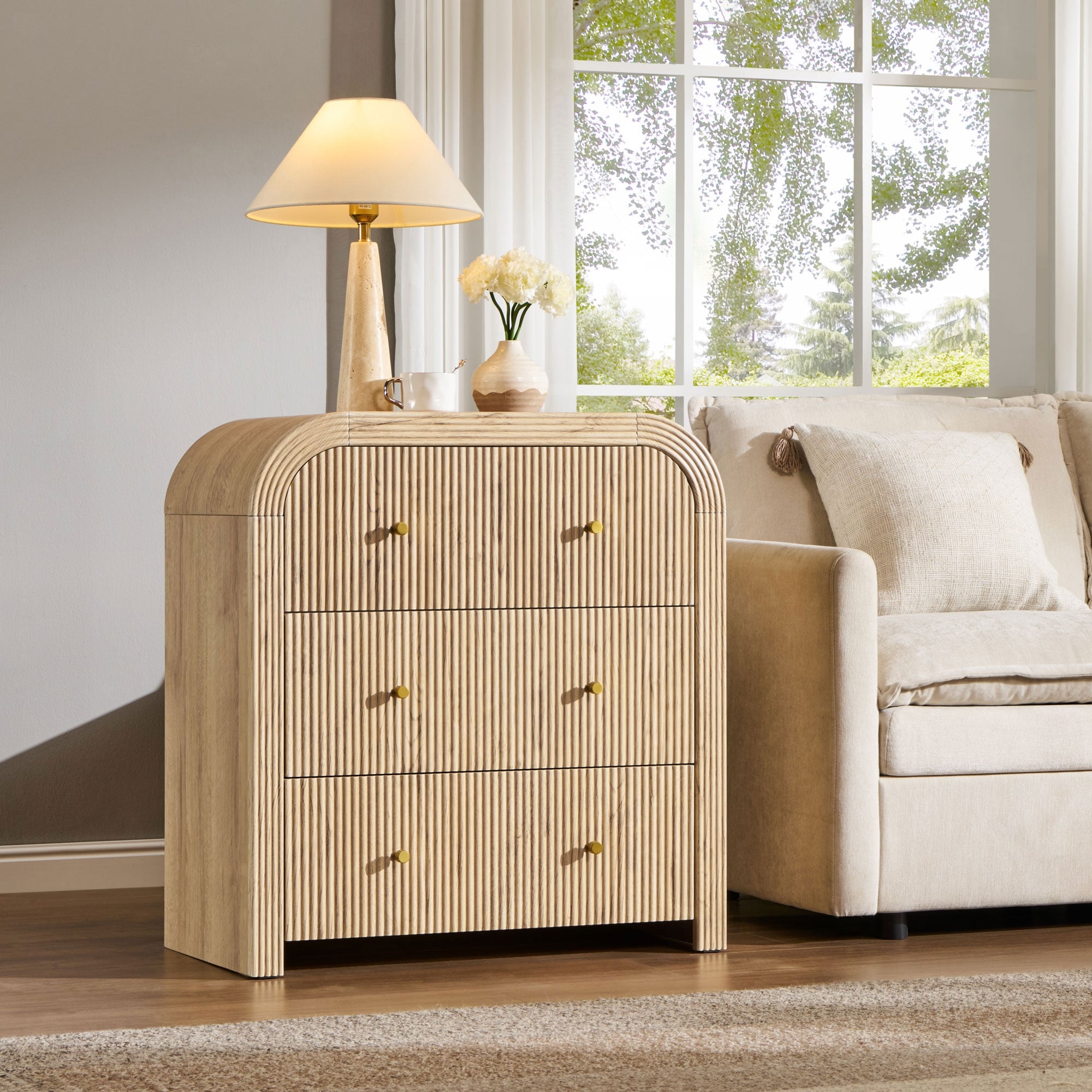 Modern Fluted 3 Drawers Dresser, Rounded Corner Chest of Drawers