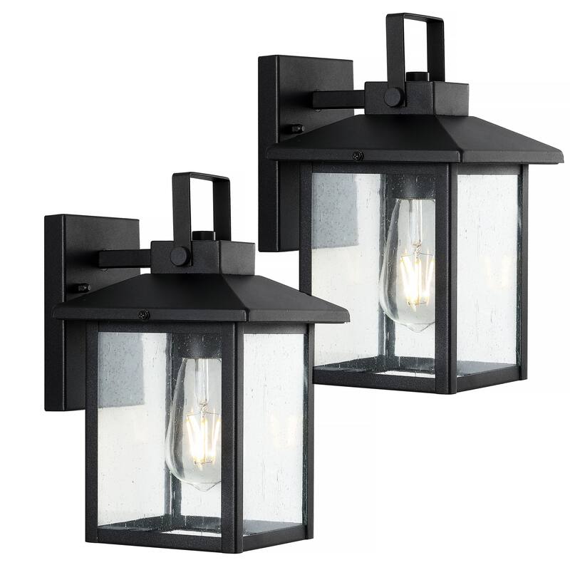 Cadiz 6.75" 1-Light Iron/Seeded Glass Rustic Traditional Lantern LED Outdoor Lantern, Black (Set of 2) by JONATHAN Y - Black