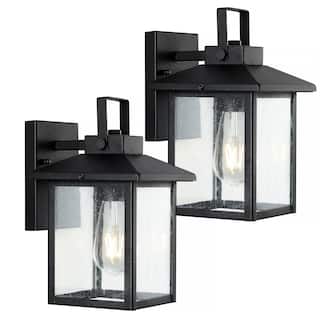 JONATHAN Y Cadiz 6.75" 1-Light Iron/Seeded Glass Rustic Traditional Lantern LED Outdoor Lantern, Black (Set of 2)