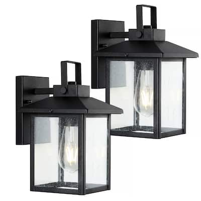 Cadiz 6.75" 1-Light Iron/Seeded Glass Rustic Traditional Lantern LED Outdoor Lantern, Black (Set of 2) by JONATHAN Y