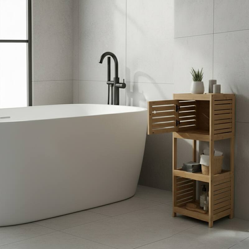 Compact Bathroom Storage Cabinet with Open Shelves and Vented Door, Natural - Trinidad Collection - 24.8"L x 9"W x 70.5"H
