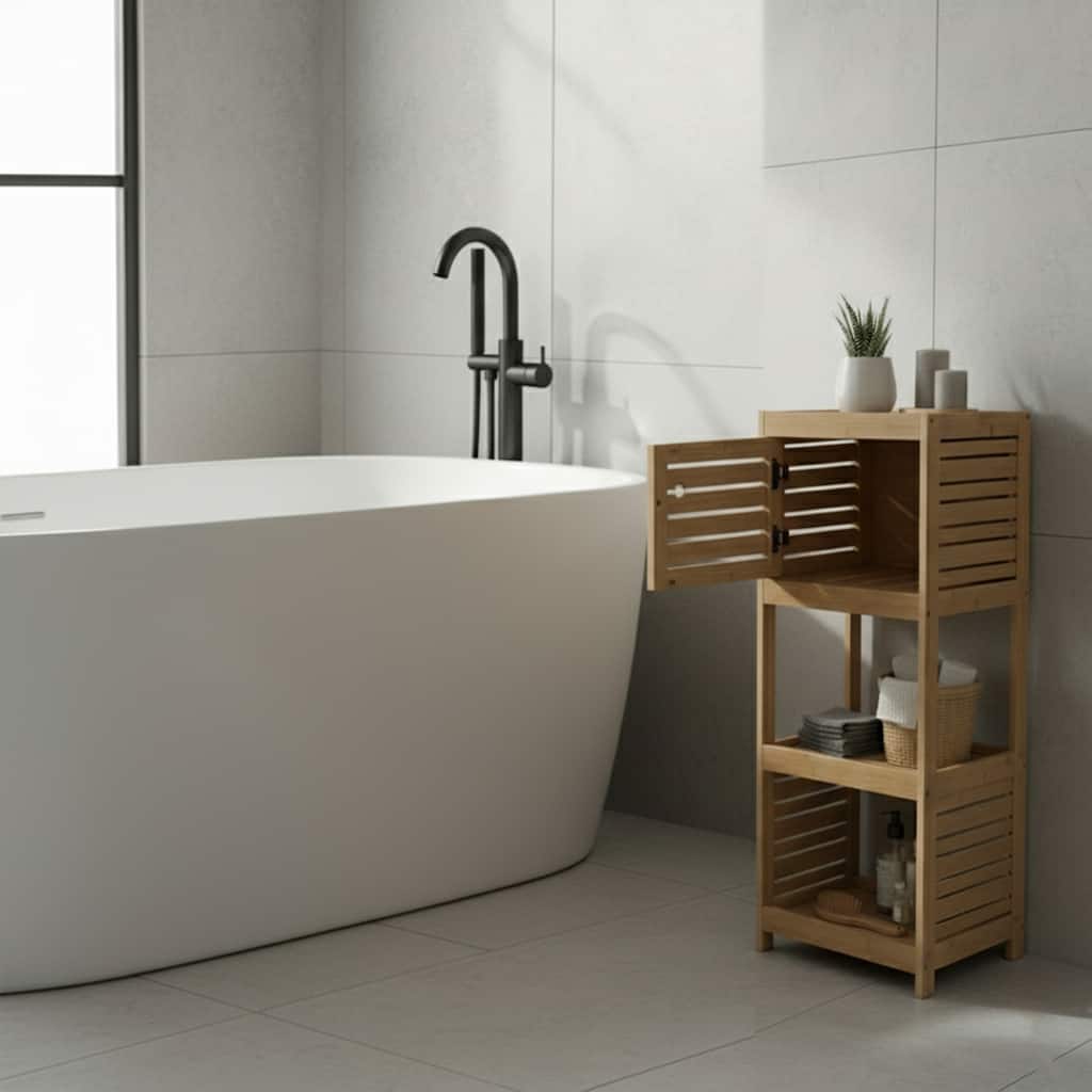 Compact Bathroom Storage Cabinet with Open Shelves and Vented Door, Natural - Trinidad Collection - 24.8"L x 9"W x 70.5"H