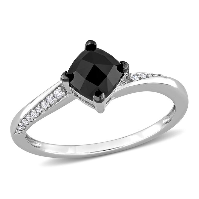 Miadora 1ct TDW Cushion-cut Black & White Diamond Bypass Engagement Ring in 10k White Gold