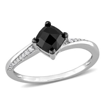 Miadora 1ct TDW Cushion-cut Black & White Diamond Bypass Engagement Ring in 10k White Gold