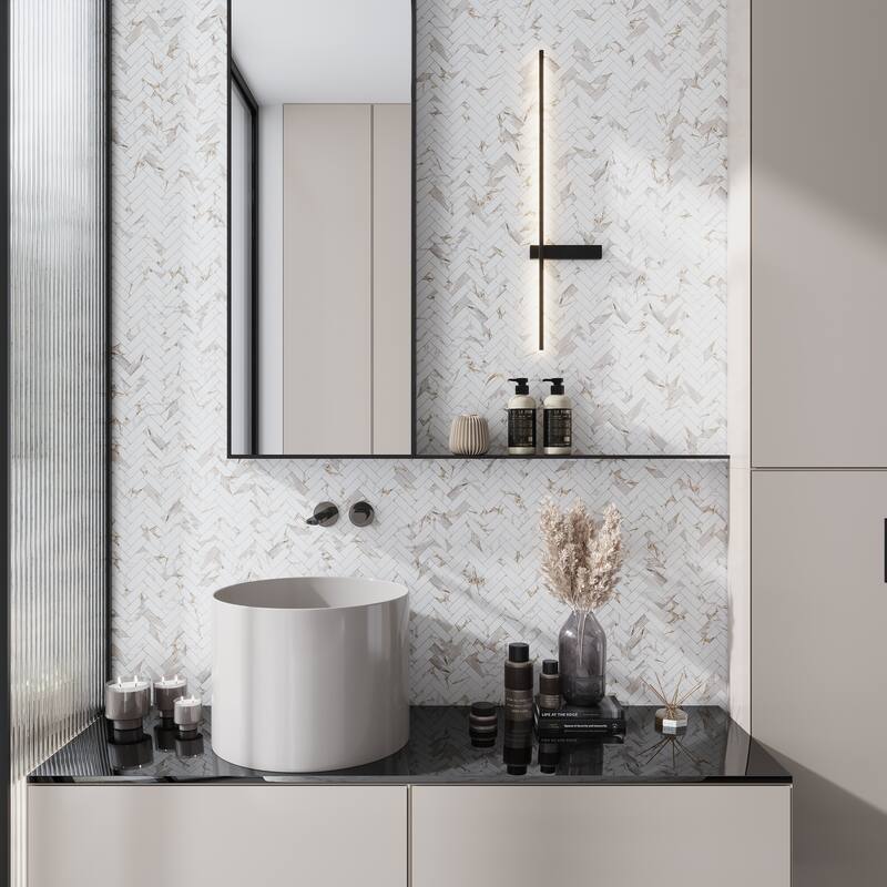 Veneto 11.1 in. x 12.36 in. Polished White with Gray-Gold Porcelain Herringbone Wall and Floor Tile (4.76 sq ft/case) - 5 Sheets