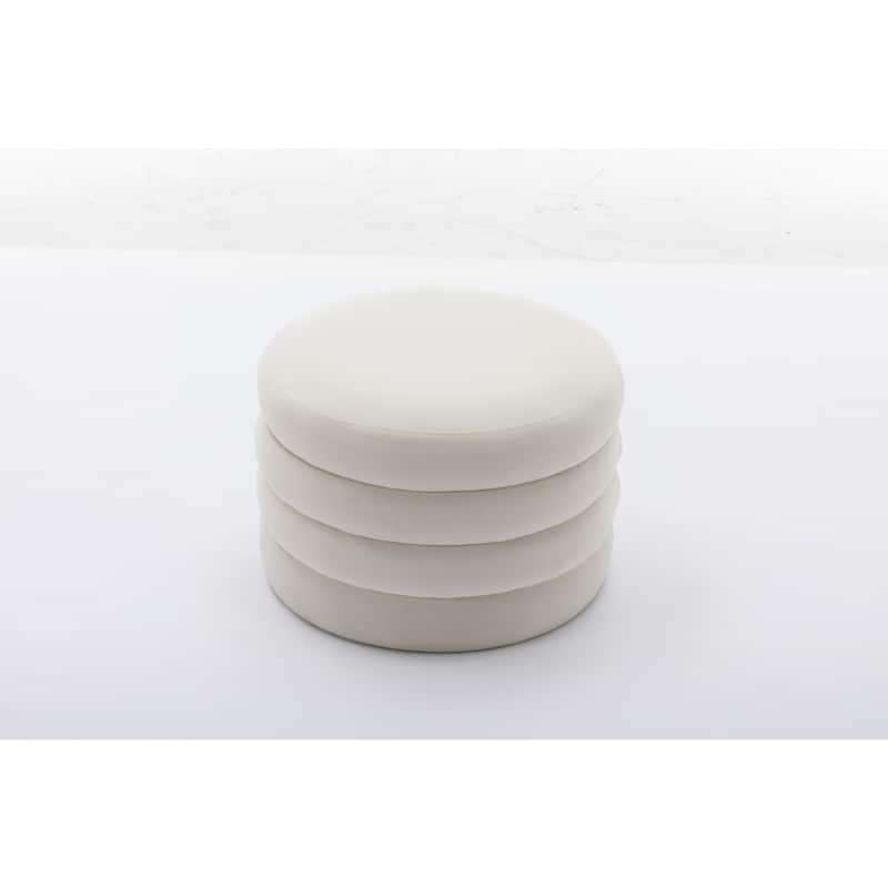 Velvet Fabric Storage Round Ottoman Footstool With Wooden Shelving