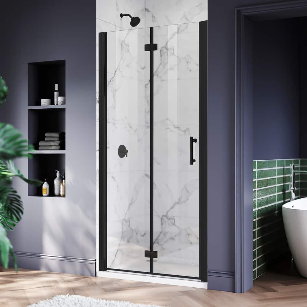 Elegant Bi-Fold Frameless Pivot Swing Shower Door Enclosure with Clear Glass Panel and Hardware Kit Reversible Installation