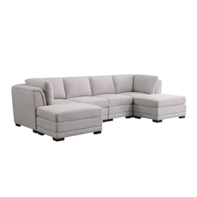 Goz Reversible U Sectional Sofa, 2 Ottomans, Beige Linen, 122 Inch