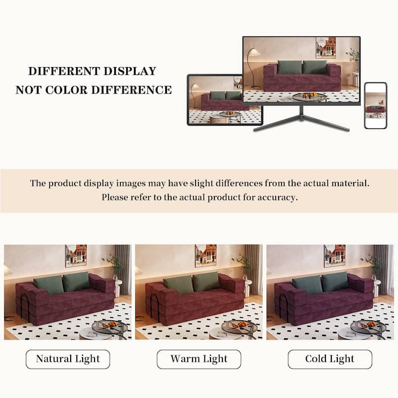 80" Convertible Sofa Bed with 2 Pillows, 2-Seat Folding Floor Couch, Multifunctional Chenille Loveseat Living Room Sleeper Sofa
