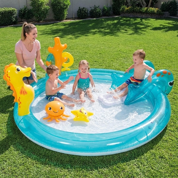 slide 2 of 10, Gymax Inflatable Play Center w/Slide Seahorse-shaped Sprinkle for - Multi-colored Multi-colored - Kids