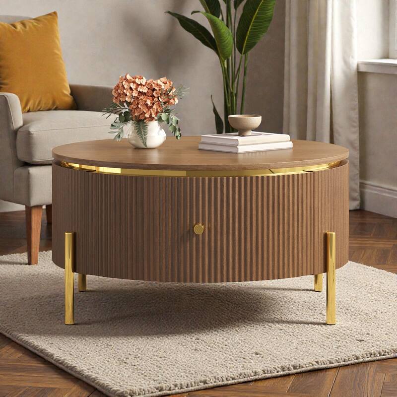 Modern Round Coffee Table with 2 Large Drawers, Marble Pattern MDF Top and Gold Metal Legs - Brown