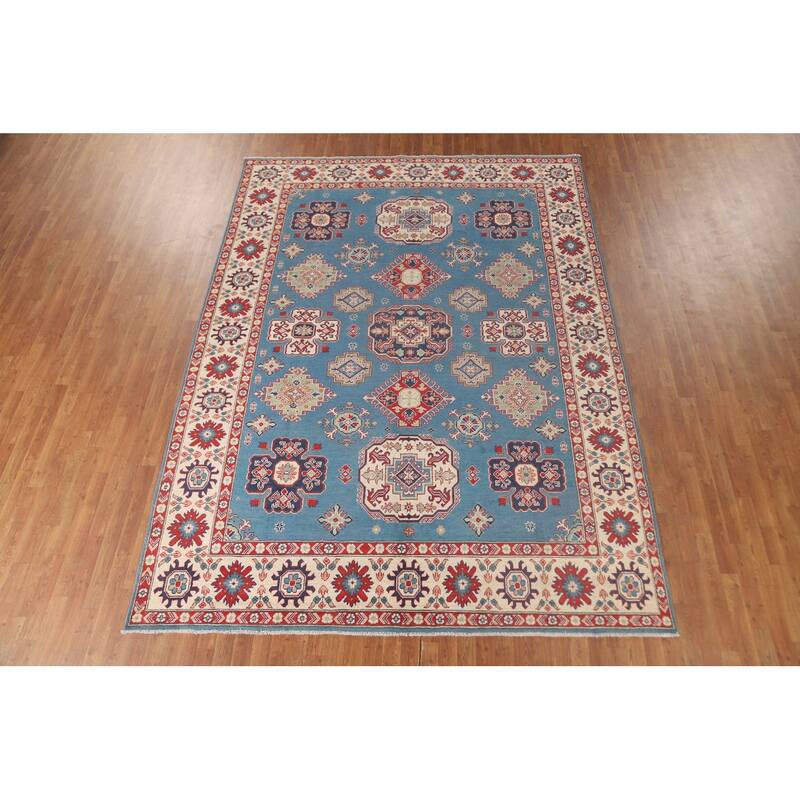 Light Blue Kazak Oriental Area Rug Hand-Knotted Geometric Wool Carpet - 8'4"x 11'2"