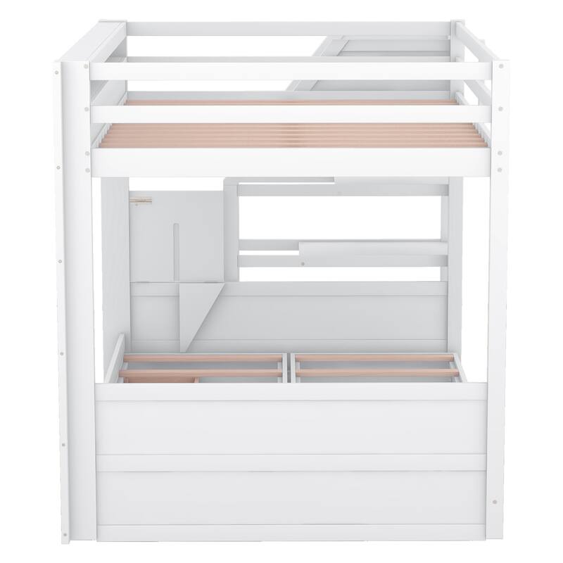 Convertible Full Size Bunk Bed with Storage Staircase, Bedside Table, and 3 Drawers, White
