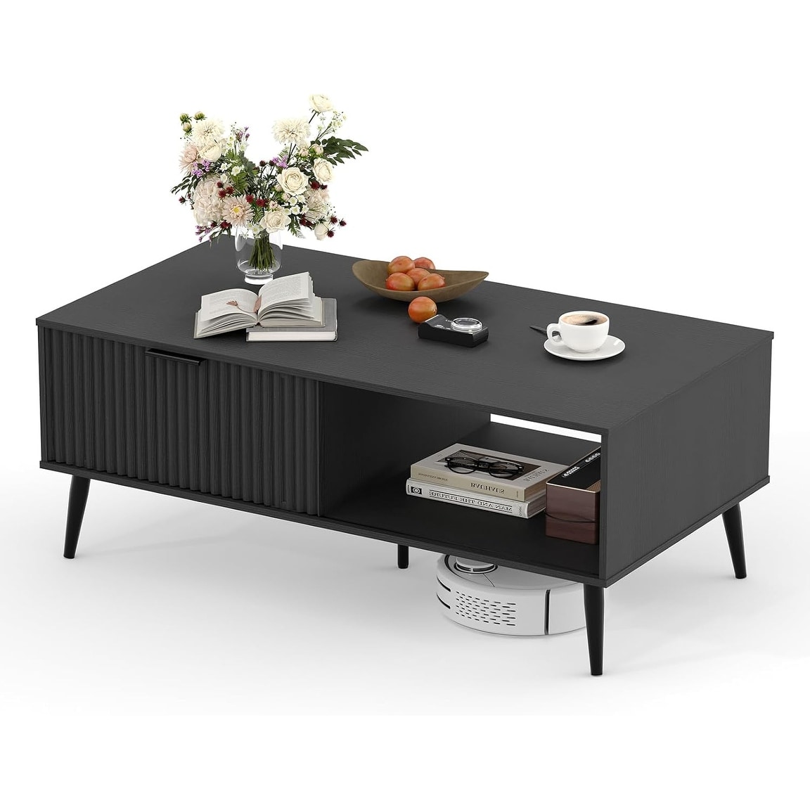 Coffee Table with Storage, Sliding Door, Solid Wood Legs, 2-Tier Design, Mid Century Modern Style, Black