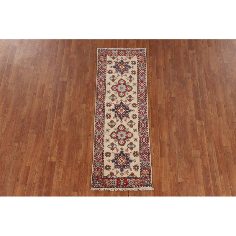 Geometric Kazak Oriental Runner Rug Hand-Knotted Hallway Wool Carpet - 2'0" x 5'10"