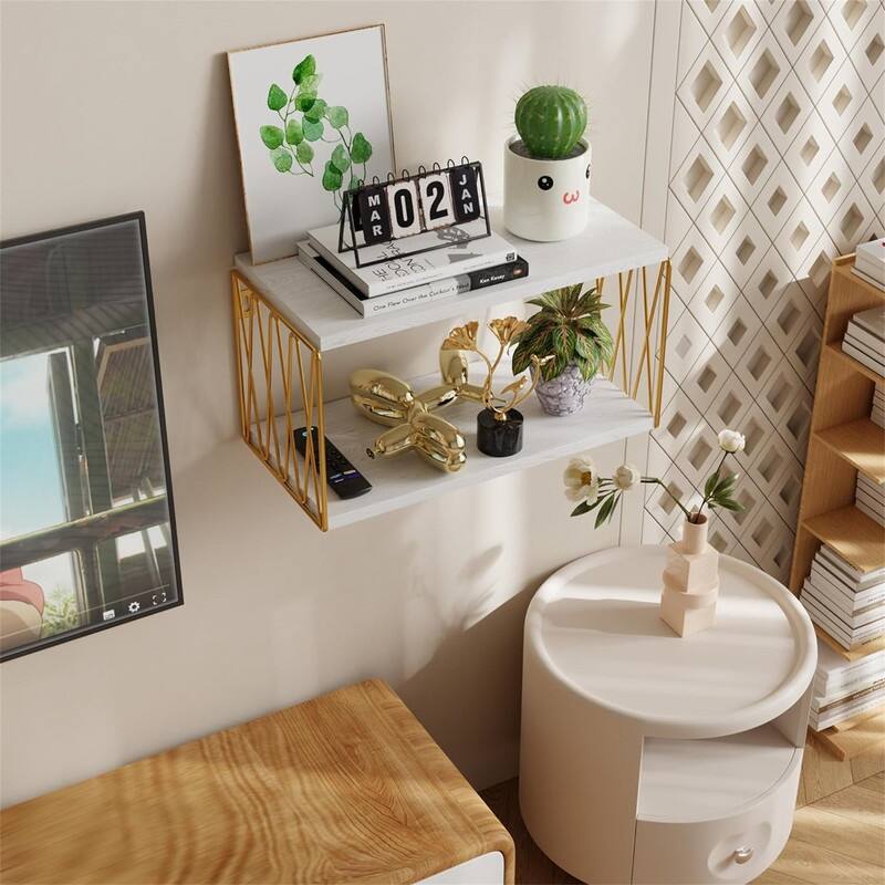 White and Gold Bedside Wall Shelves for Bedroom - 8"D x 16"W x 8.5"H