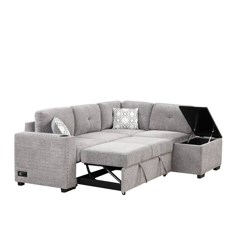 83.8" L-Shaped 4-Seat Sofa with Pull-Out Bed & Storage
