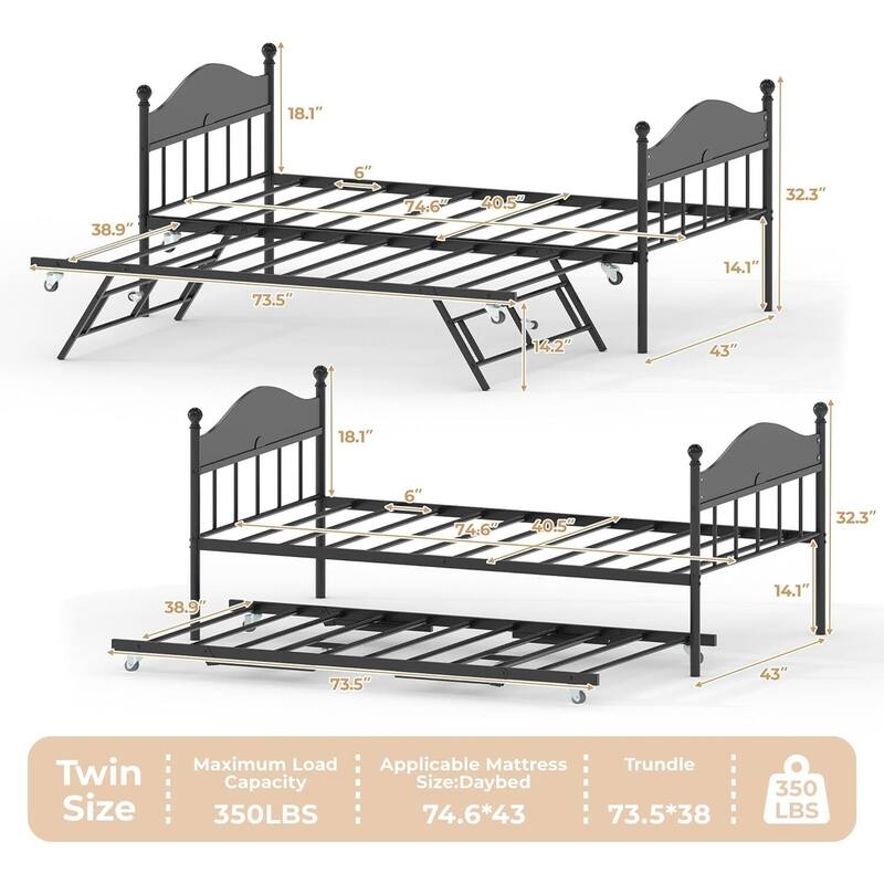 Space-Saving Twin Daybed, Platform Sofa Bed Frame with Foldable Trundle