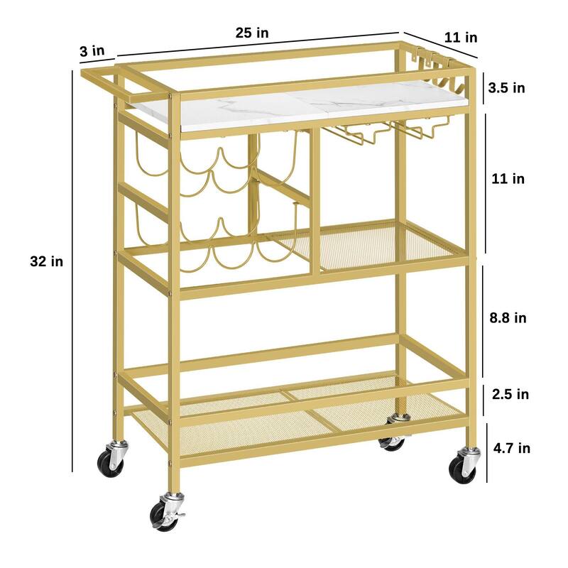 3-Tier Home Bar Serving Cart with Handle, Wine Rack, and Glass Holders