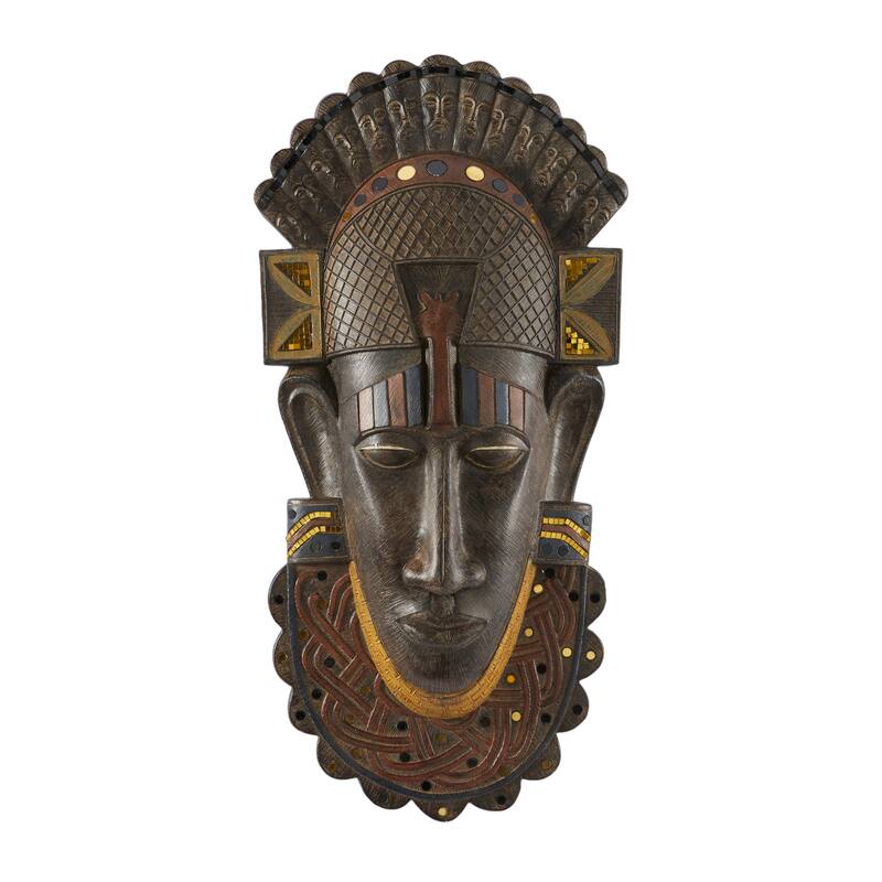 Brown Polystone Primitive African Mask and Standing African Woman Sculpture Wall Decor