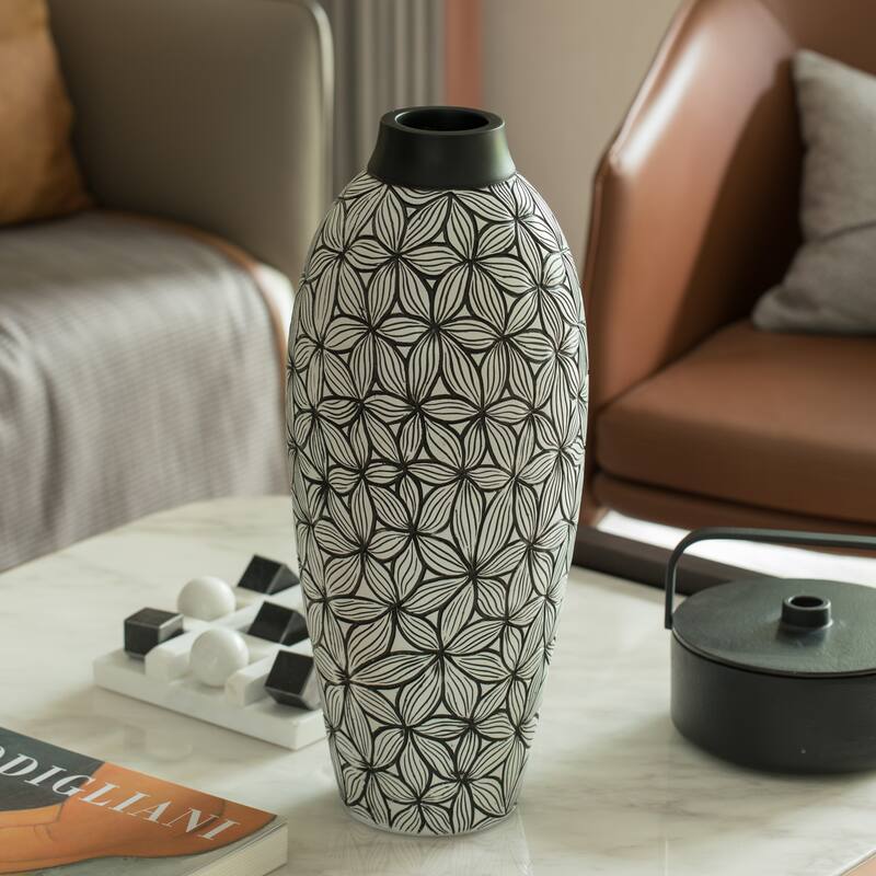 Flower-Inspired Ceramic Vase - Unique White 17-Inch-Tall Round Table Decor for Entryway, Dining Room, Living Room, Classic White
