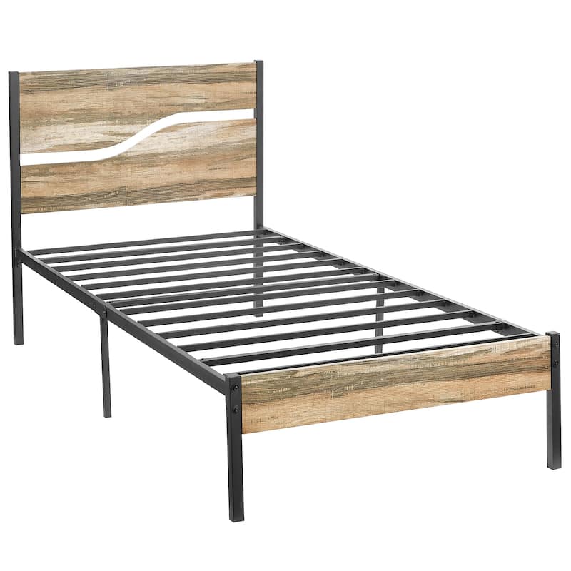 VECELO 2 Pack Twin Size Kids Bed Industrial Platform Bed Frame with MDF Curved Cutout Headboard Twin Size Bed Set of 2