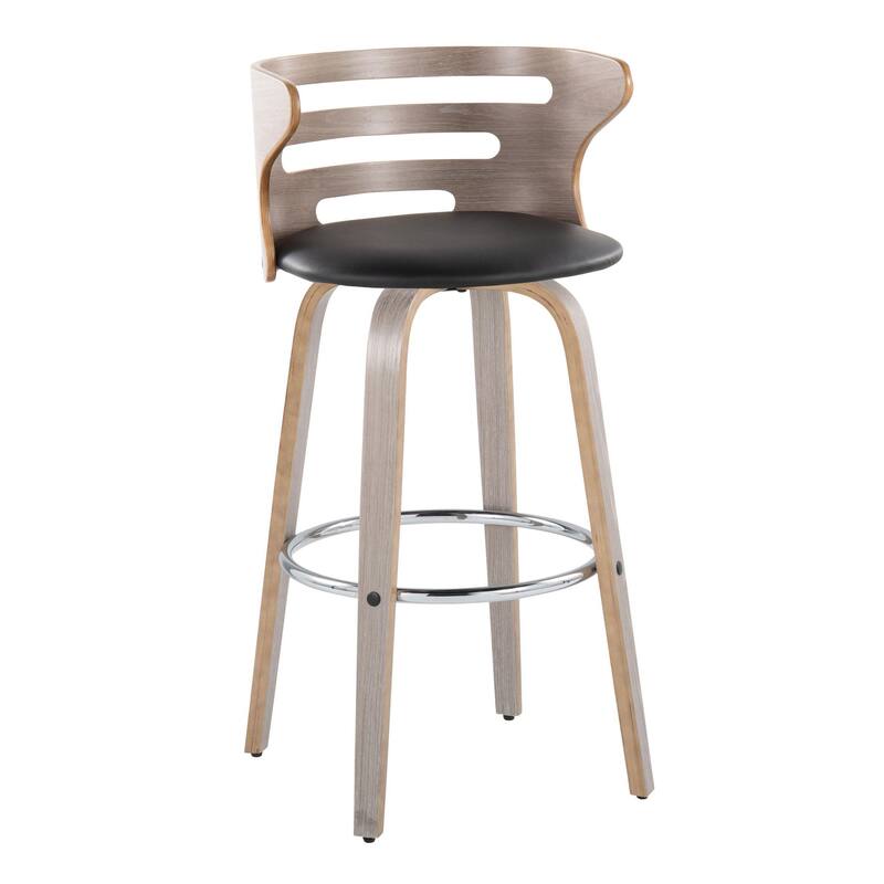 Carson Carrington Cranagh 30" Fixed-Height Bar Stool with Bent Wood Legs & Round Footrest (Set of 2) - Black Faux Leather/Light Grey/Chrome