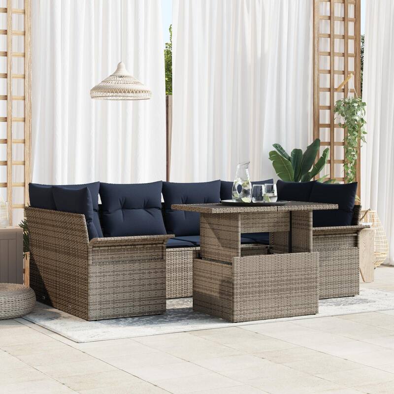 vidaXL 7 Garden Sofa Set with Cushions Black/Brown/Grey Poly Rattan - 92.1 x 52.2 x 27.2 - Grey