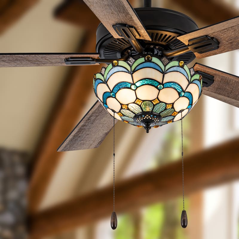 Yves River of Goods Multicolored Oil-Rubbed Bronze and Stained Glass 3-Light 52-Inch Ceiling Fan - 52" x 52" x 14.75"/19.75"