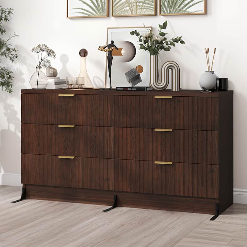 47" Wide Fluted 6 Drawers Dresser, Curved Profile Design Dresser