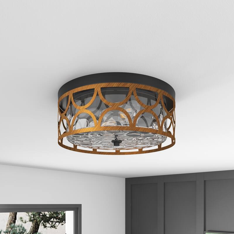 Matte Black 2-Light Rippled Glass Flush Mount Ceiling Light with Antique Brass Metal Shade
